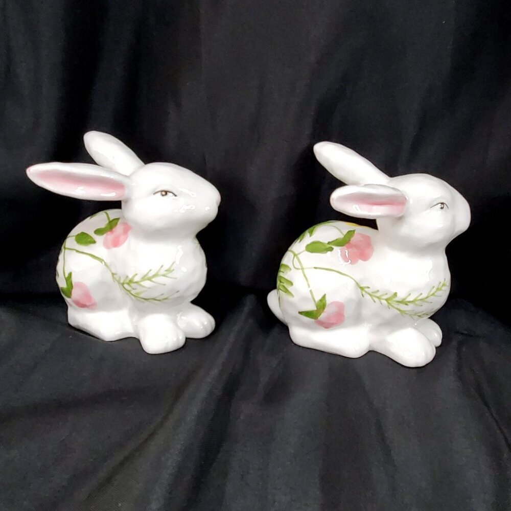 Ceramic Bunny Rabbit Figurines Spring Floral Design Decor Set Of 2 - Picture 6 of 10